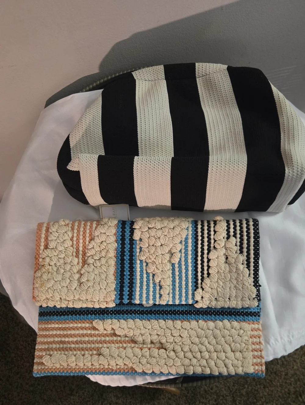 Black & White Striped Clutch with Textured Blue-Accent Clutch